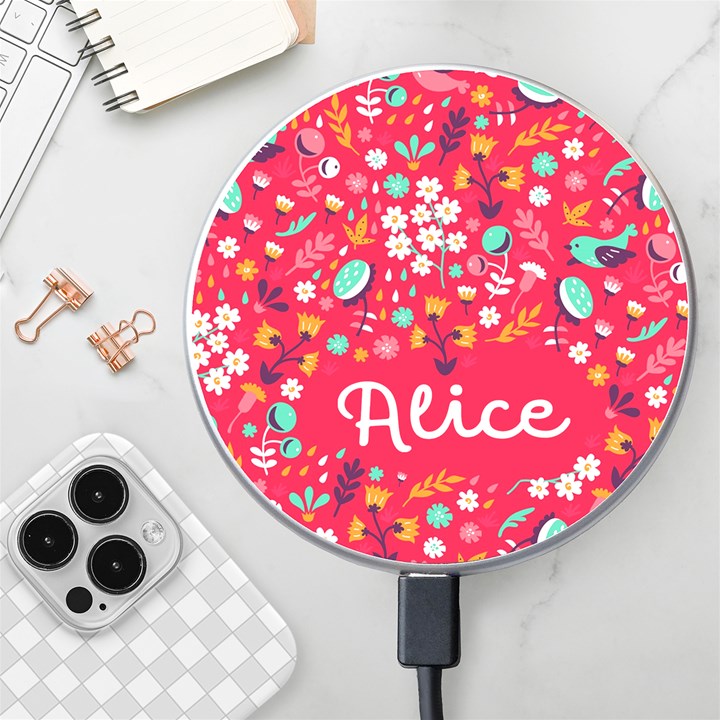 Personalized Spring Bird Floral Pattern Name Wireless Fast Charger Wireless Fast Charger(White)