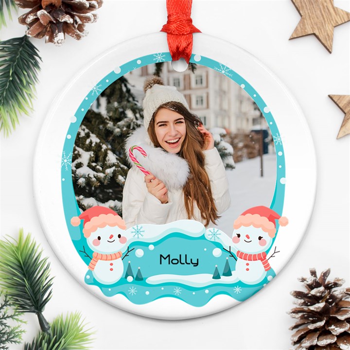 Personalized Photo Any Text Christmas Snow Man Round Ornament Round Ornament (Two Sides)