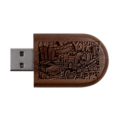 New York City Nyc Broadway Doodle Art Wood Oval Usb Flash Drive