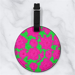 Mid Century Retro Floral 1970s 1960s Pattern 98 Nappa Leather Luggage Tag Round