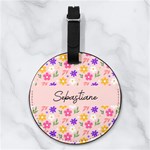 Floral Any Text Name Nappa Leather Luggage Tag Round Front