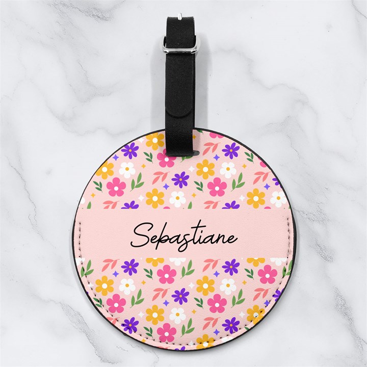 Floral Any Text Name Nappa Leather Luggage Tag Round