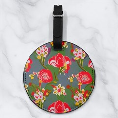Mid Century Retro Floral 1970s 1960s Pattern 83 Nappa Leather Luggage Tag Round