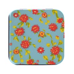 Mid Century Retro Floral 1970s 1960s Pattern 78 Square Metal Box (black)