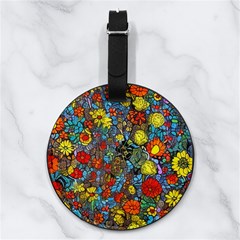 Mid Century Retro Floral 1970s 1960s Pattern 56 Nappa Leather Luggage Tag Round