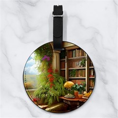 Room Interior Library Books Bookshelves Reading Literature Study Fiction Old Manor Book Nook Reading Nappa Leather Luggage Tag Round
