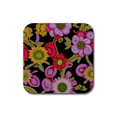 Mid Century Retro Floral 1970s 1960s Pattern 70 Rubber Coaster (square)